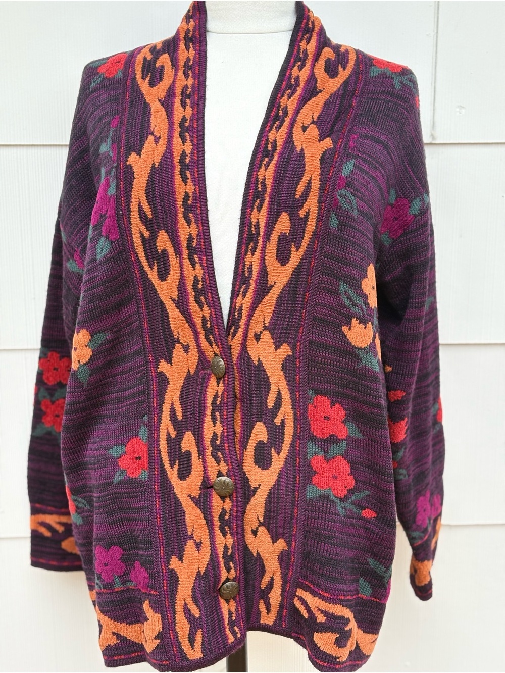 Vtg Carole Little cardigan sweater women’s L black floral knit 80/90s BoHo artsy